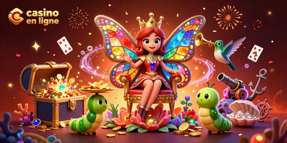 Gagnez avec le casino en ligne : une reine de papillon et des éléments colorés.