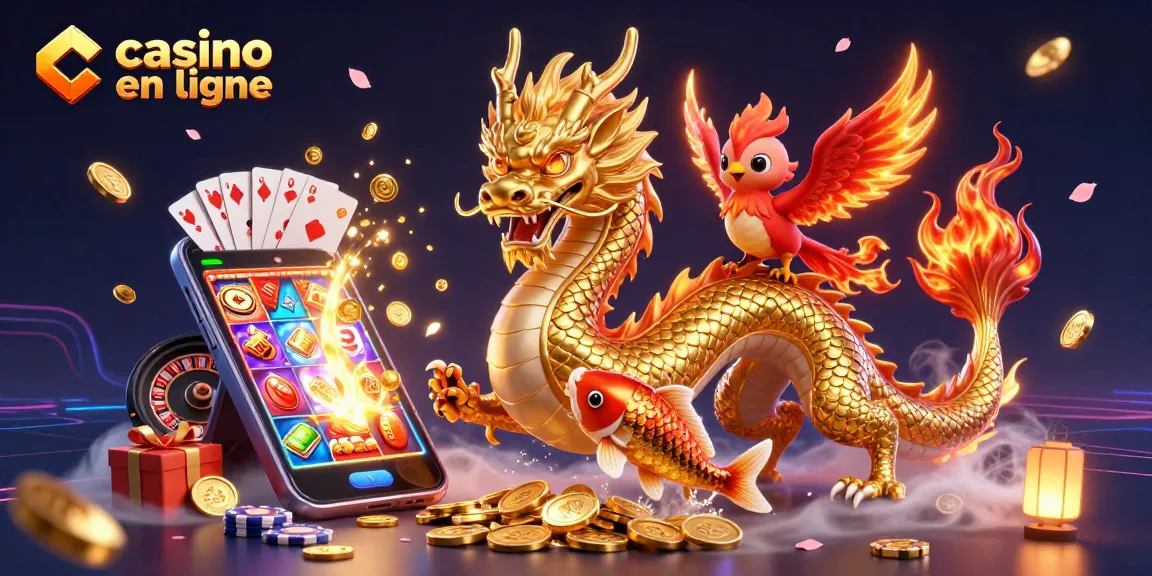 Profitez du casino en ligne avec un dragon doré et un phénix, entourés de jetons et de jeux.