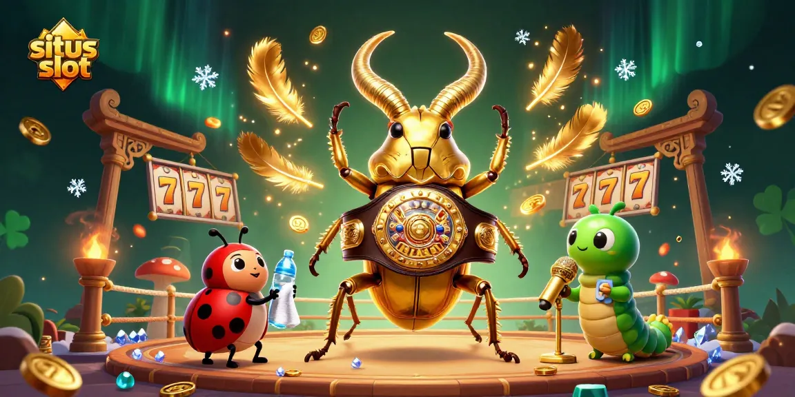 Swinging into action with situs slot, a golden stag beetle champion faces off in a festive casino arena.