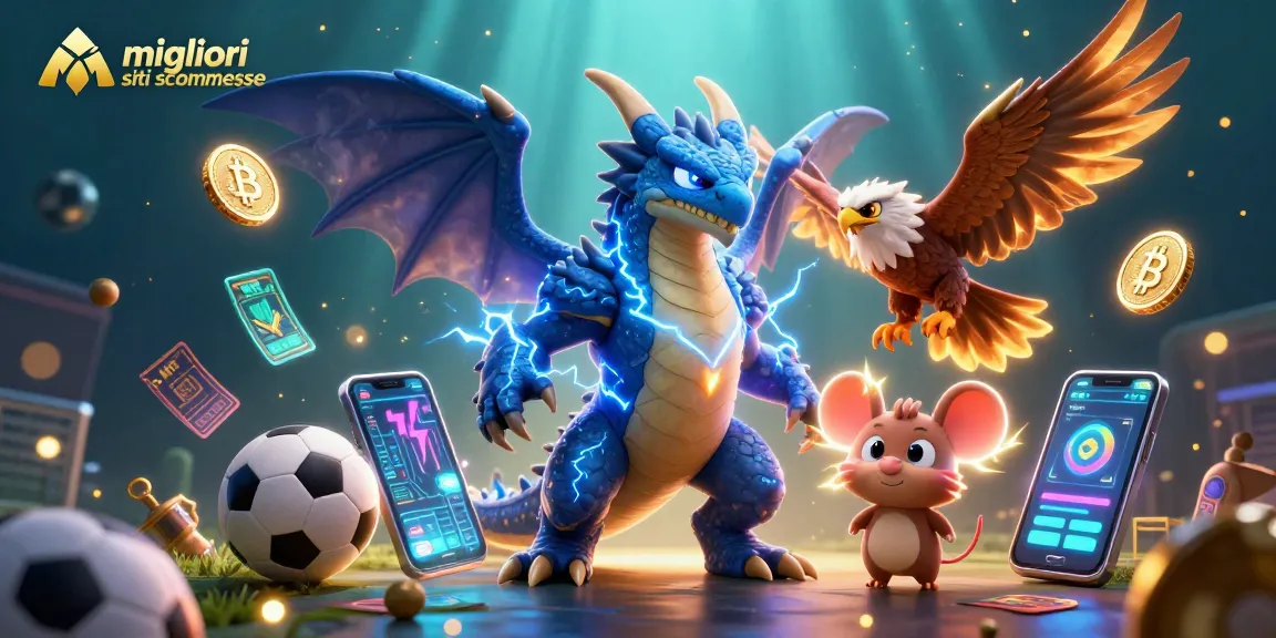 Immagine dei migliori siti scommesse con un drago e un falco dinamici in un contesto sportivo electrizzante.