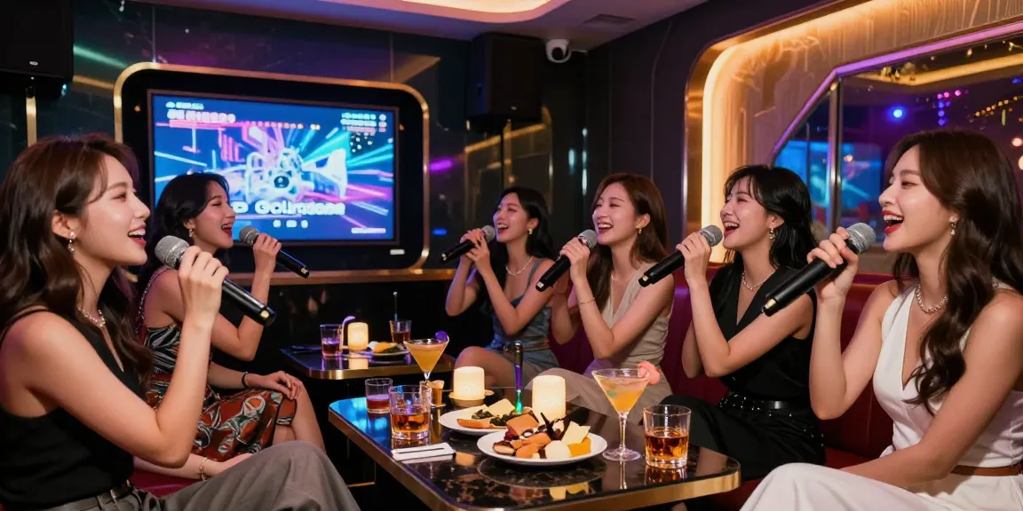 강남가라오케에서 친구들과 즐기는 화려한 밤의 모습과 고급 음료, 재미있는 분위기