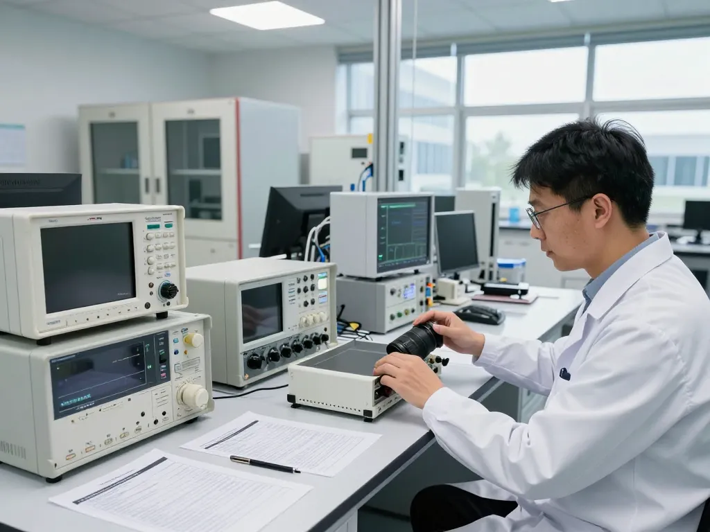 Engineer performing FCC certification testing in advanced EMC lab with precise equipment and documentation