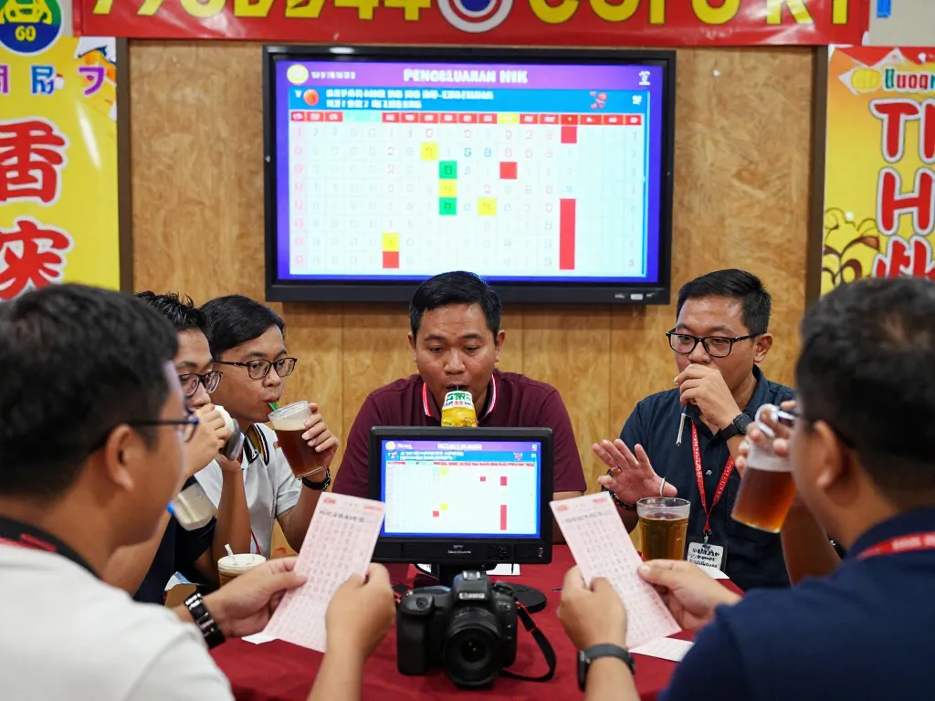 Excited players checking their tickets as Pengeluaran HK results display on a screen, celebrating the Togel Hongkong Lotto.