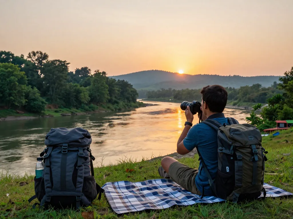 Dandeli traveler at a scenic riverside sunset with adventure gear, showcasing lush greenery and the calm Kali River.
