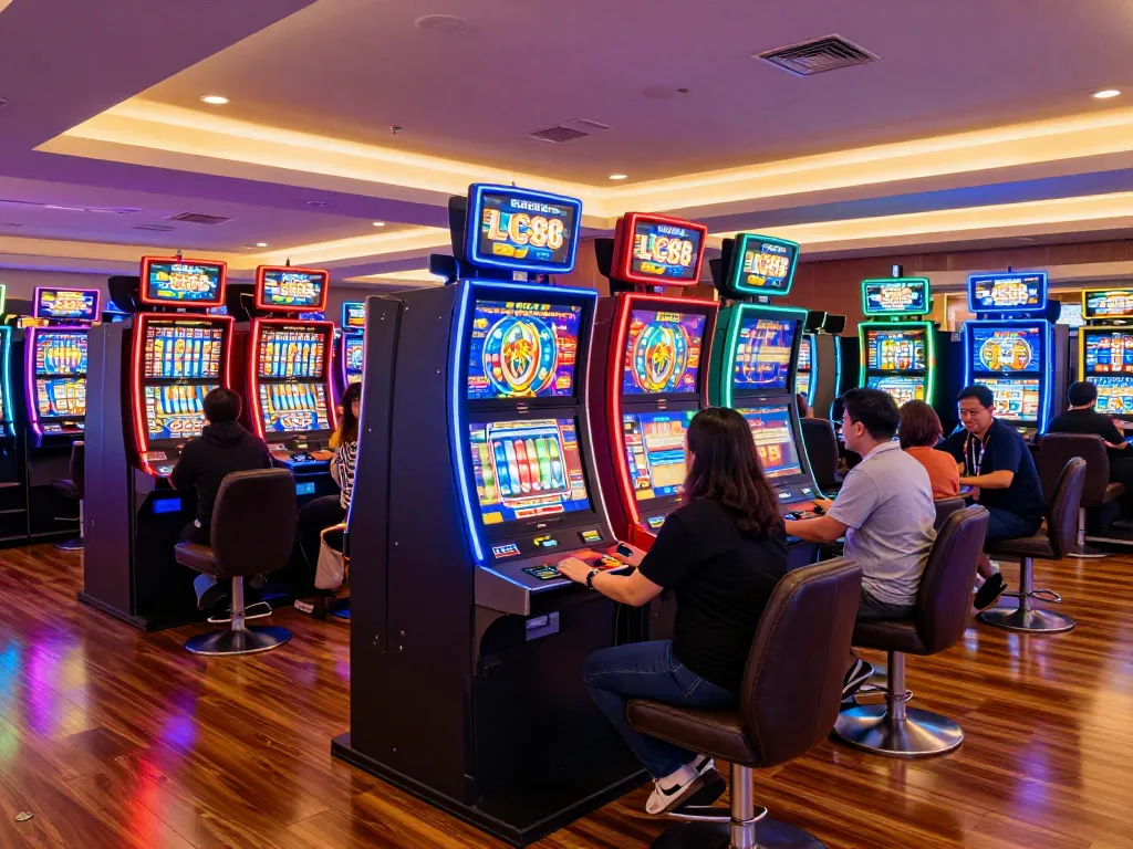Players enjoying vibrant slot machines at LC88 casino, showcasing excitement and engagement in 2026.