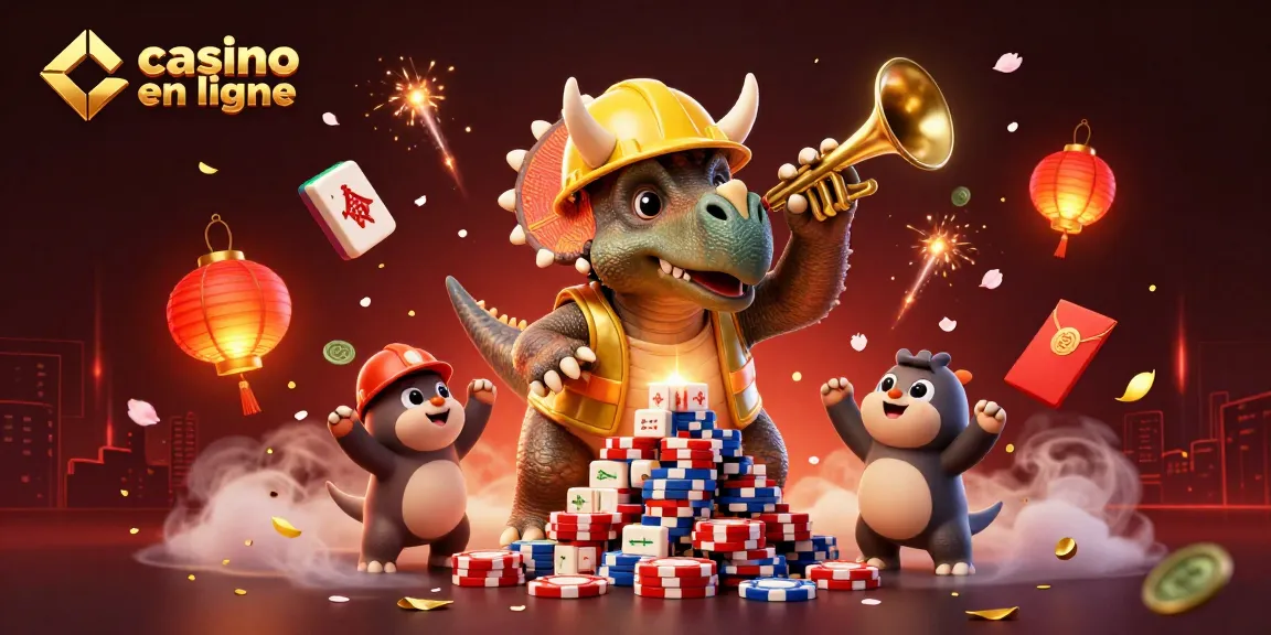 Profitez de l'excitation des jeux de casino en ligne, avec des personnages dynamiques célébrant autour de jetons de poker.