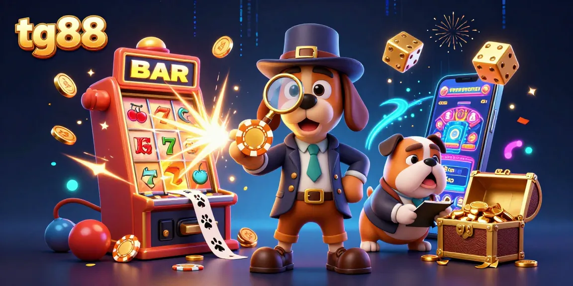 Join the tg88 adventure with a detective and bulldog solving casino mysteries amidst jackpot explosions and animated game elements.
