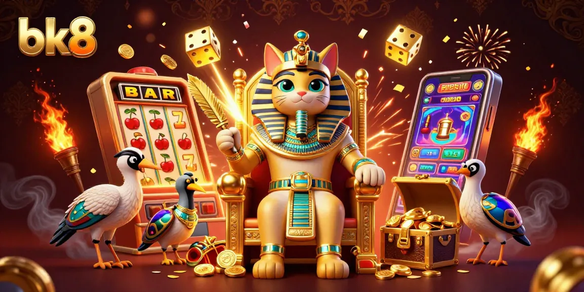 Win big with bk8 in this vibrant 3D casino scene featuring jackpots, spinning slots, and dynamic gaming elements.