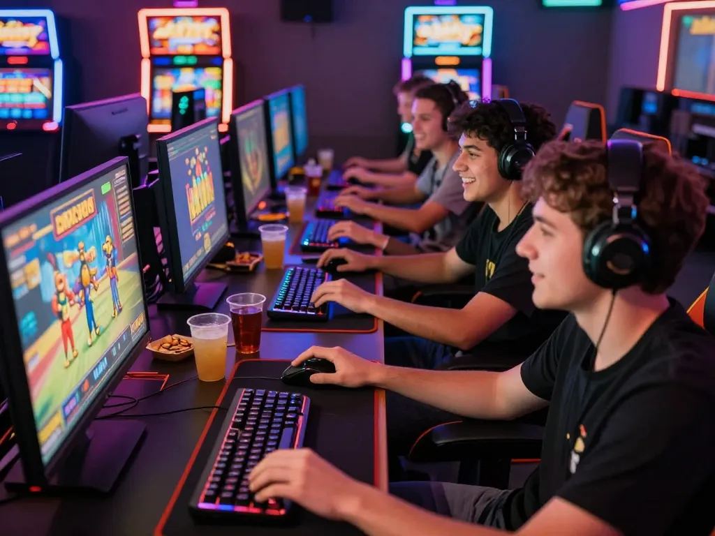 Friends enjoying an exciting slot88 gaming session on computers with vibrant graphics and gaming gear.