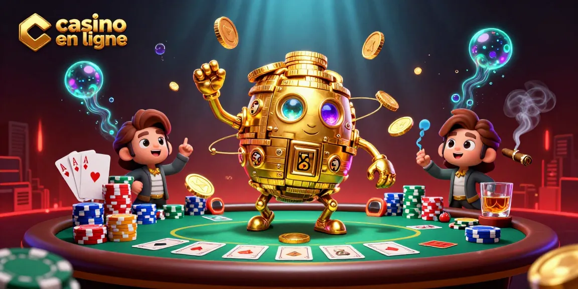Illustration dynamique de casino en ligne avec un golem en or et des jetons de poker.