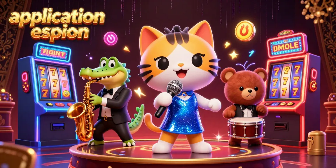 L'application espion surveille les jeux de casino avec style, représentant un chat chanteur sur scène entouré de machines à sous.