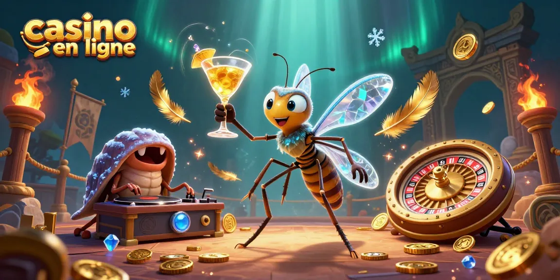 Animations de jeux captivantes autour du casino en ligne, avec un moustique et un DJ trilobite.