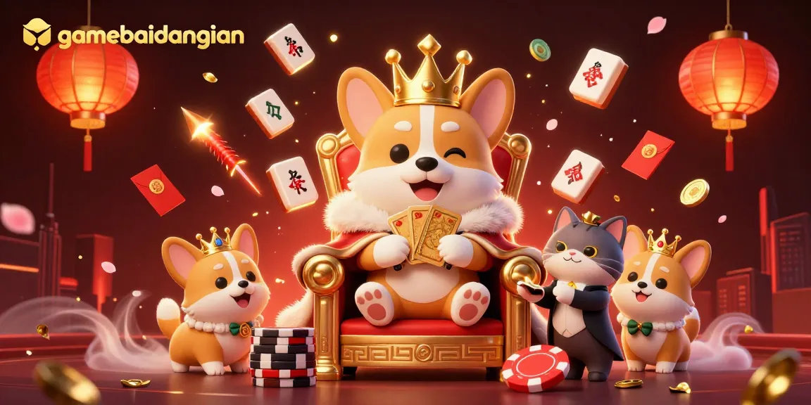 Experience gamebaidangian excitement with royal corgi and cat butler in 3D casino illustration