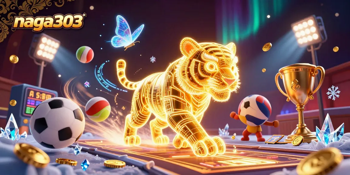 Naga303 players enjoy a vibrant digital casino landscape filled with neon tigers and dynamic sports elements.