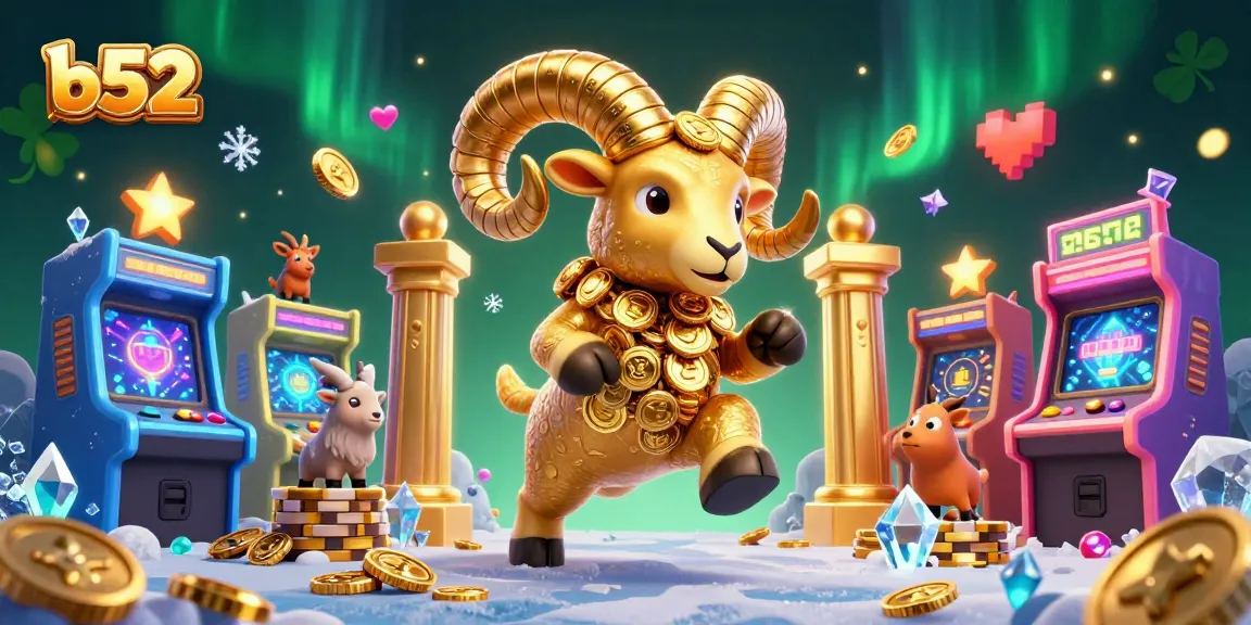 Engage in thrilling gaming at B52 casino, featuring a golden ram and dynamic arcade elements.
