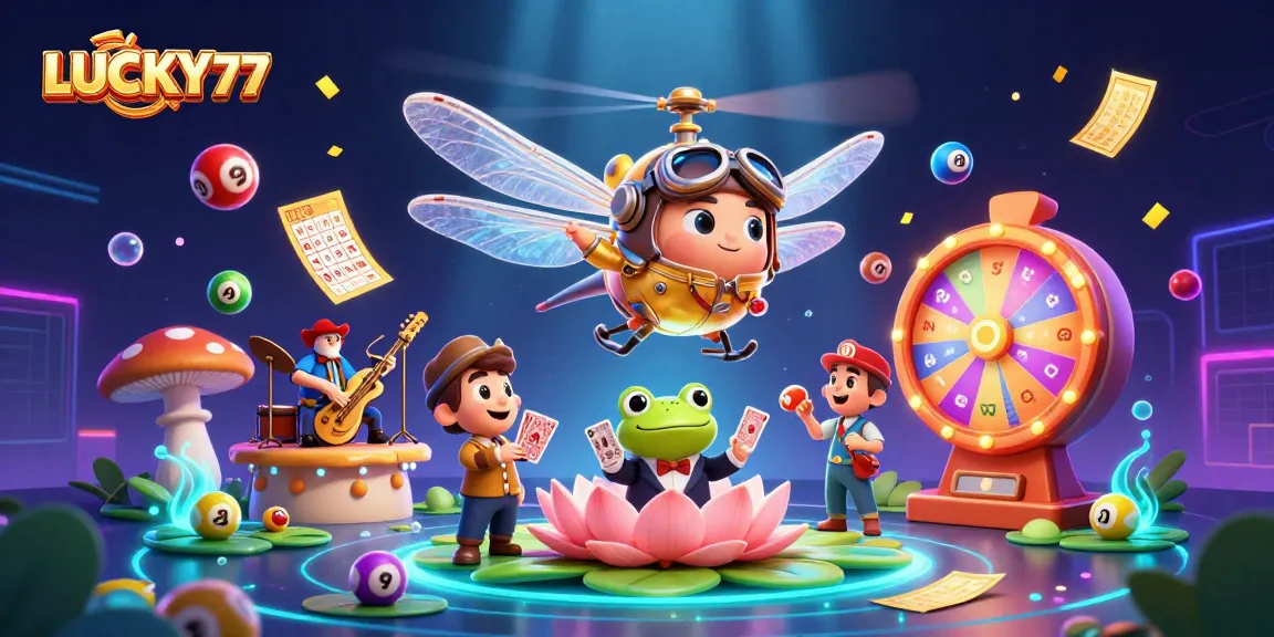 Engage with LUCKY77's lively casino scene featuring a dragonfly pilot and frog dealer.