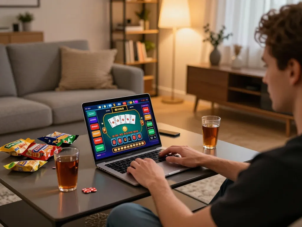 Player engaging in online blackjack at home, highlighting Vmax ok gaming interface and cozy ambiance
