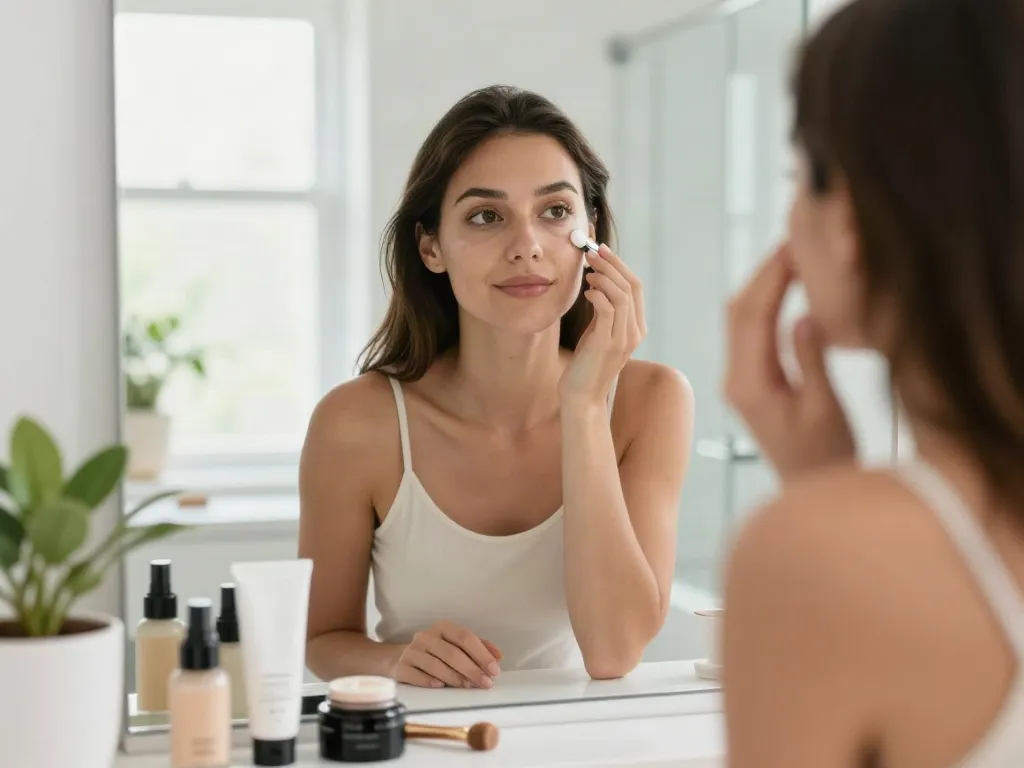 Augenringe entfernen durch Anwendung von Revitalisierungscreme im hellen Badezimmer