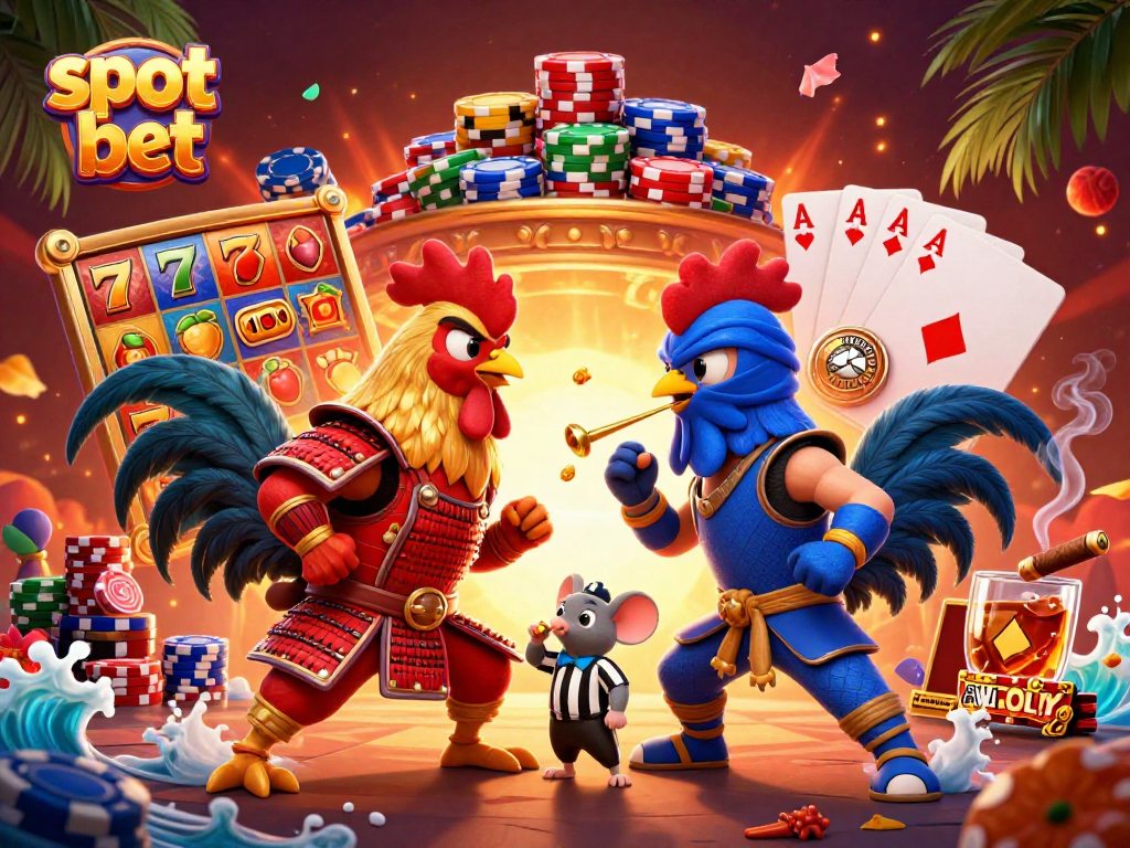 Slot bet di platform dengan ayam jantan bertarung dan simbol mesin slot penuh warna.