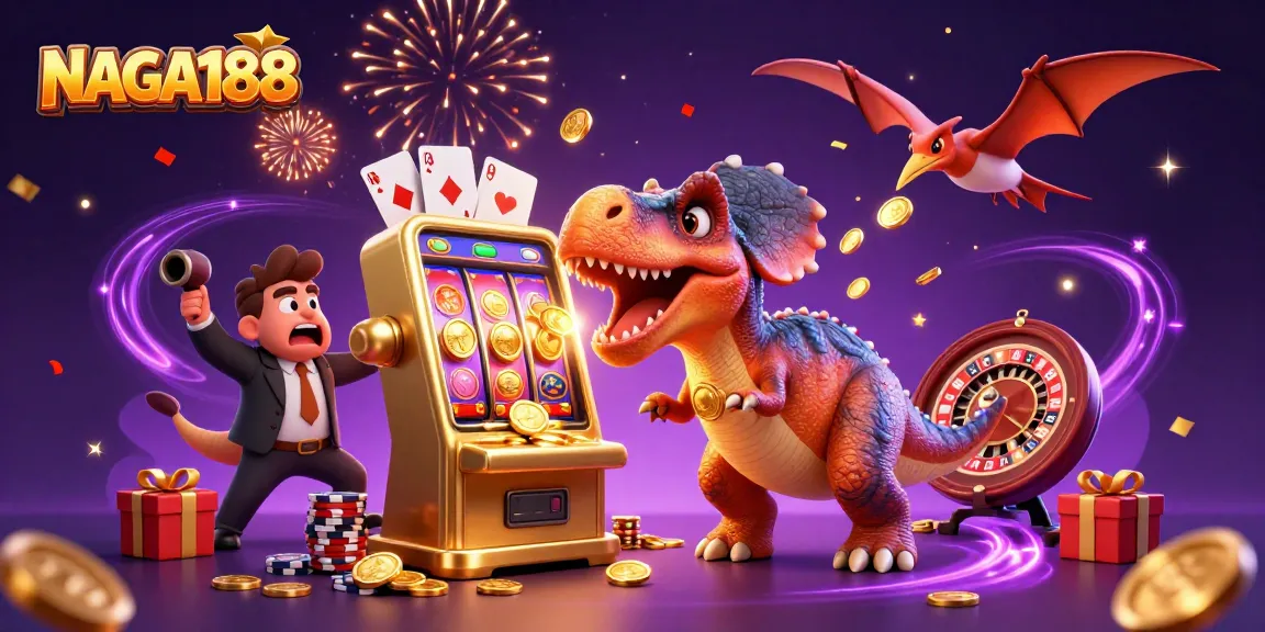 NAGA188 memicu jackpot dengan mesin slot, dikelilingi koin emas yang terbang dan perangkat kasino menarik.