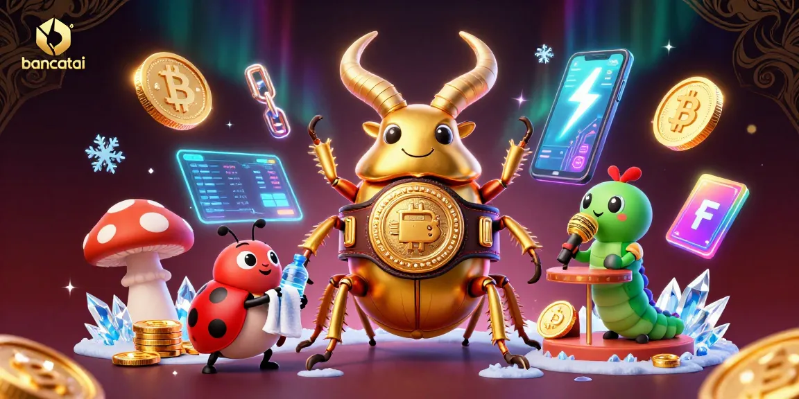 bancatai showcases an exciting boxing match between a golden stag beetle and a ladybug coach with cryptocurrency elements.