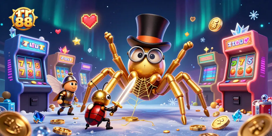 Bettors explore rr 88's casino magic with a golden tarantula, knight, and colorful gaming elements.