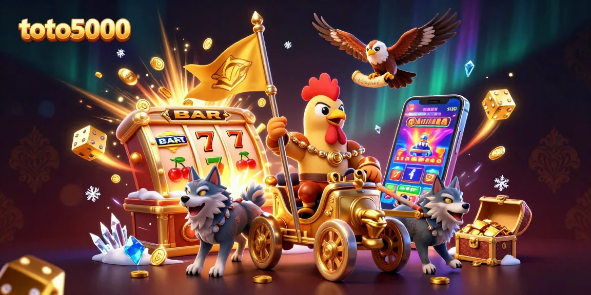 Experience the thrill of toto5000 with a dynamic casino-themed 3D illustration of a rooster warlord