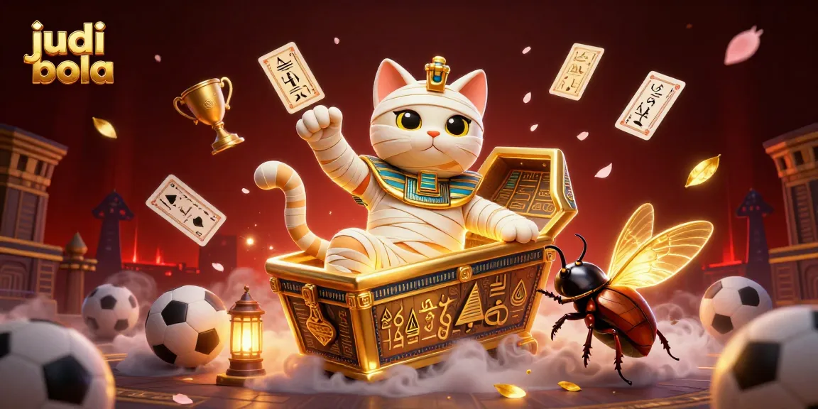 Engage in judi bola excitement with a dynamic scene of a cartoon mummy cat and sports elements.