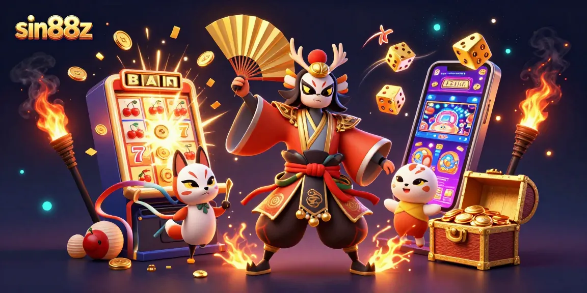 Experience jackpots at sin88z with a vibrant 3D scene featuring a kabuki warrior and slot machines.