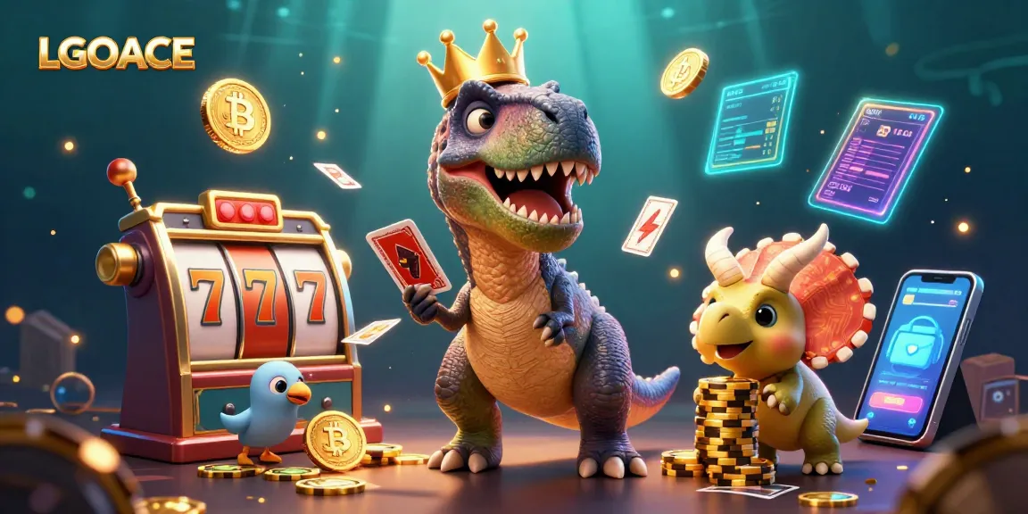 LGOACE brings excitement as a T-Rex shuffles cards while stacking golden chips in a vibrant casino scene.