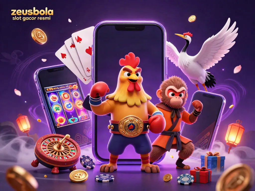 Experience zeusbola slot gacor resmi with a vibrant scene of Muay Thai, martial arts, and slot games.
