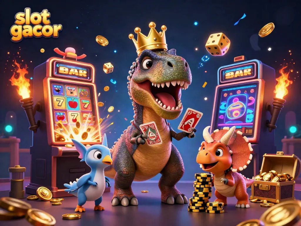 Experience thrilling slot gacor fun with a cartoon T-Rex and friends in an exciting casino scene.