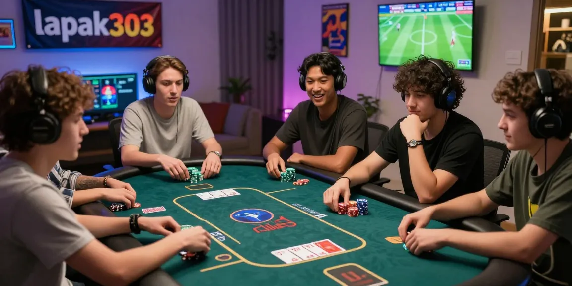 Pengalaman bermain poker online di lapak303 dengan pemain antusias di depan layar, suasana nyaman dan teknologi modern.