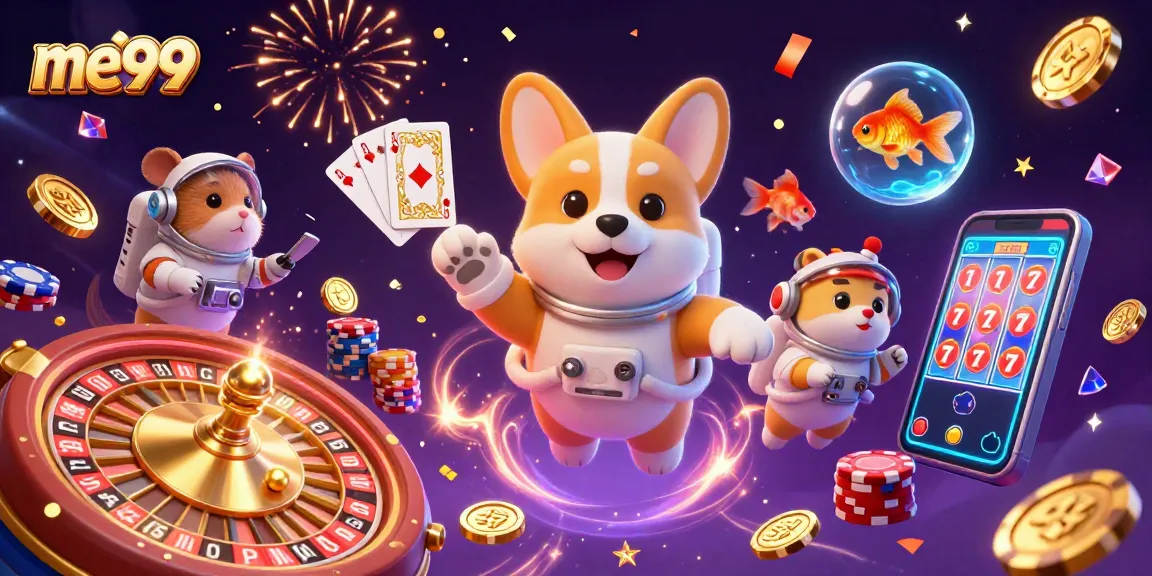 Experience the thrill of me99 casino with a vibrant space-themed illustration featuring a corgi, hamster, and floating goldfish.