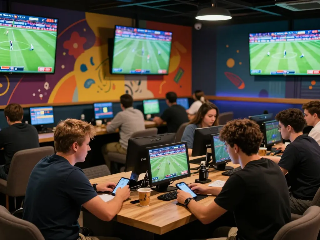 Exciting sports betting scene at Xoilac, patrons engaged in live football matches and betting activity.