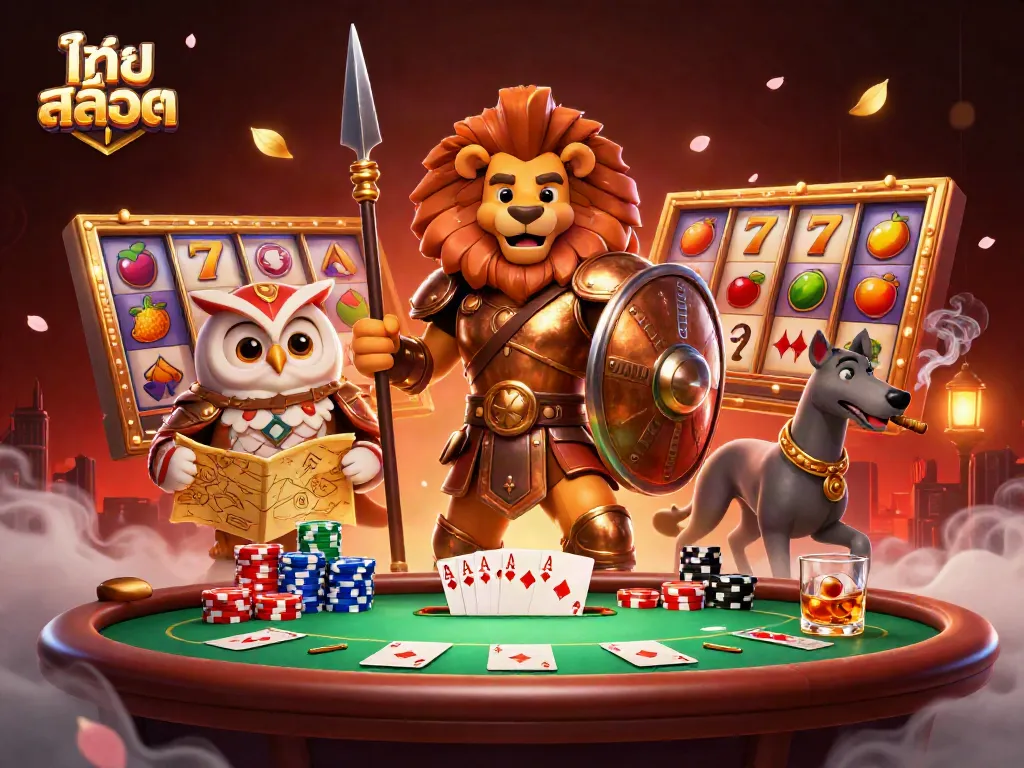 Explore ไทย สล็อต with vibrant slot symbols and dynamic characters in this engaging casino illustration.