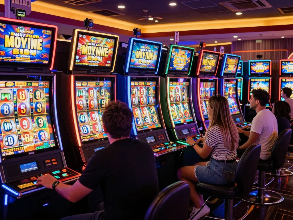 Players enjoying the thrill of link slot machines in a lively casino environment