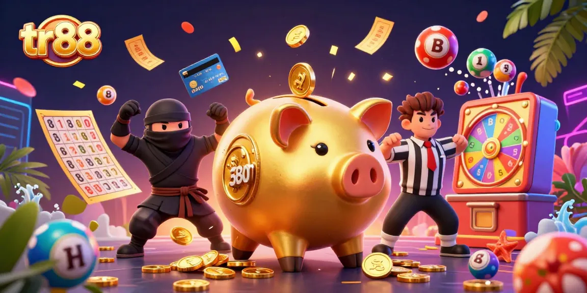 Experience the thrill at tr88 with dynamic characters in a colorful casino illustration featuring iconic gaming elements.