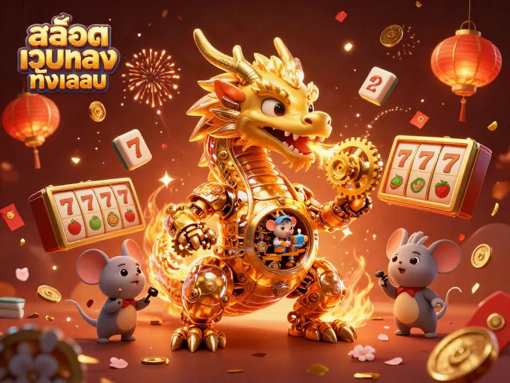 Experience the thrilling atmosphere of สล็อตเว็บตรงทั้งหมด as a golden dragon breathes gears amidst fireworks and slot machines.