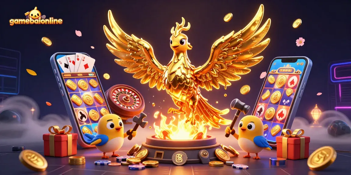 Experience the excitement of gamebaiionline with a vibrant 3D illustration of casino gaming elements.