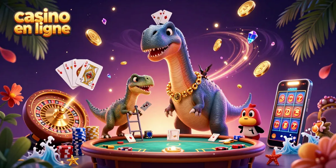 Dans un casino en ligne, le brontosaure géant observe une partie de poker animée avec des jetons colorés et des cartes.