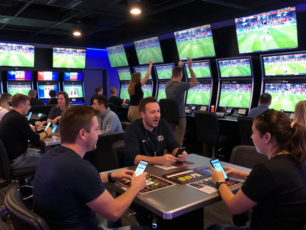 Experience the excitement of thể thao mb66 with enthusiasts placing bets in a vibrant sports lounge