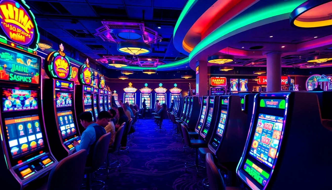 Mainkan slot88 di ruang kasino yang penuh warna dan bersemangat dengan mesin yang bersinar.