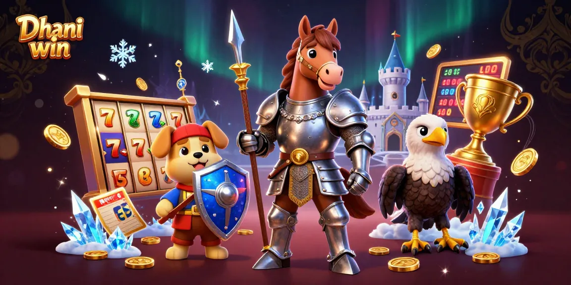 Dhani win slots action with a knight, puppy, and falcon surrounded by golden gaming elements.
