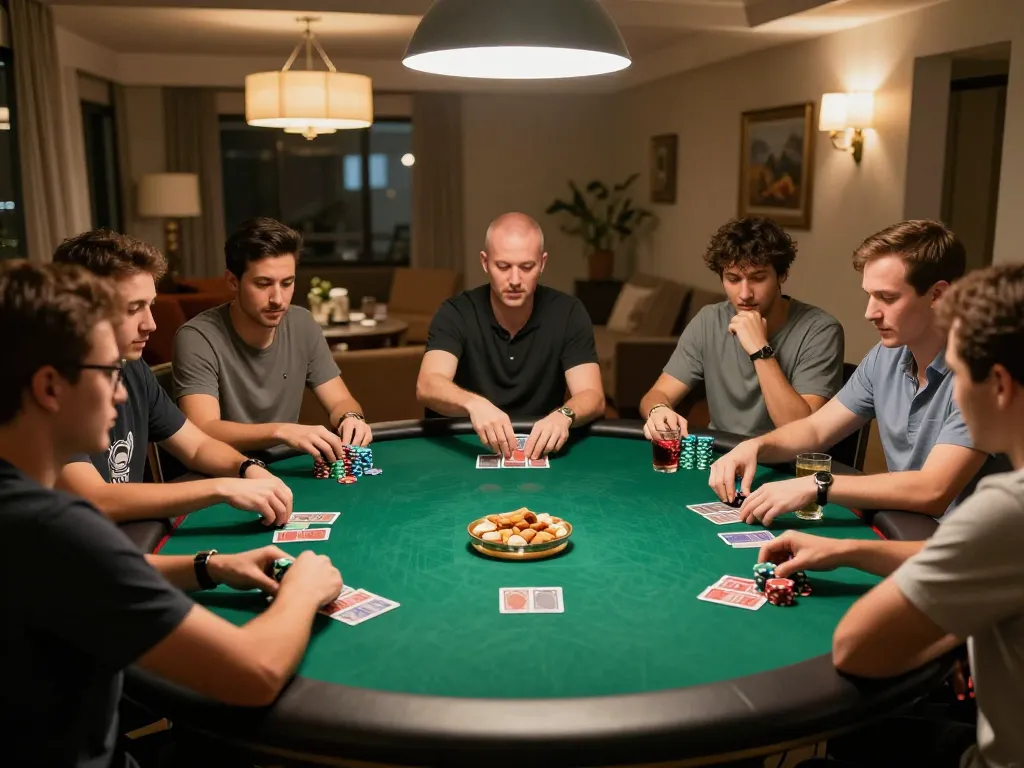 Players enjoying an exciting poker night at home, utilizing the O8 casino platform.