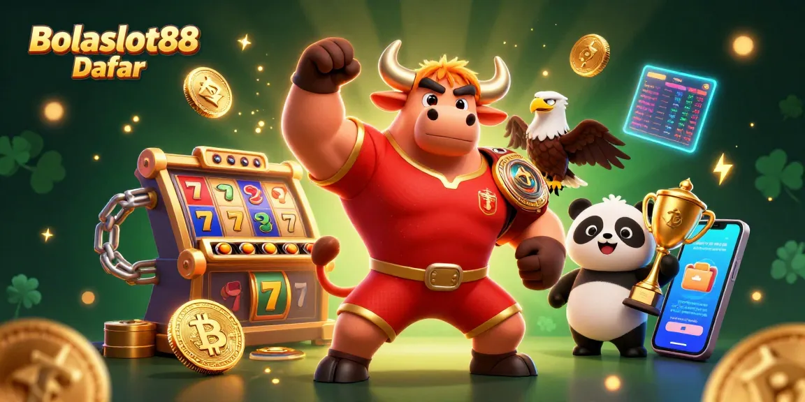 Bolaslot88 Daftar welcomes players to enjoy thrilling slot experiences with a vibrant illustration of symbolic characters