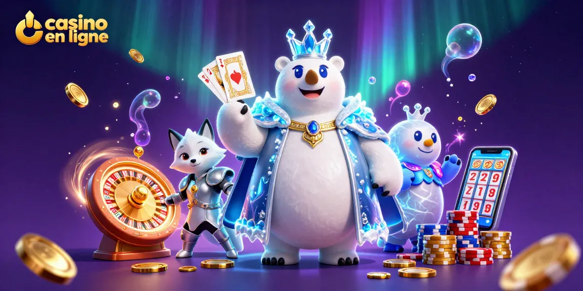 Plongez dans l'univers du casino en ligne avec le king polaire et son renard, entourés de jetons et de gains scintillants.