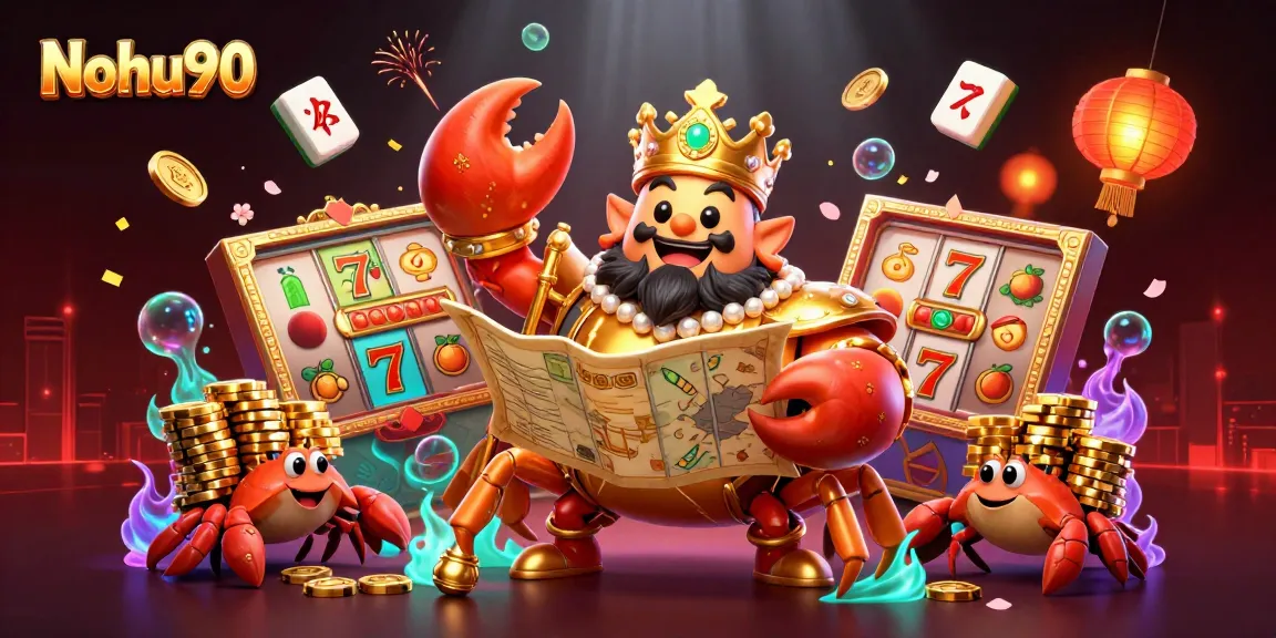 Nohu90 combines a golden crab emperor and vibrant slot game elements for an immersive online casino experience.