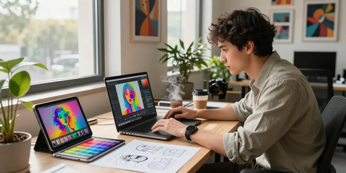 Designer using nano banana 2 for AI image editing in a vibrant creative workspace.