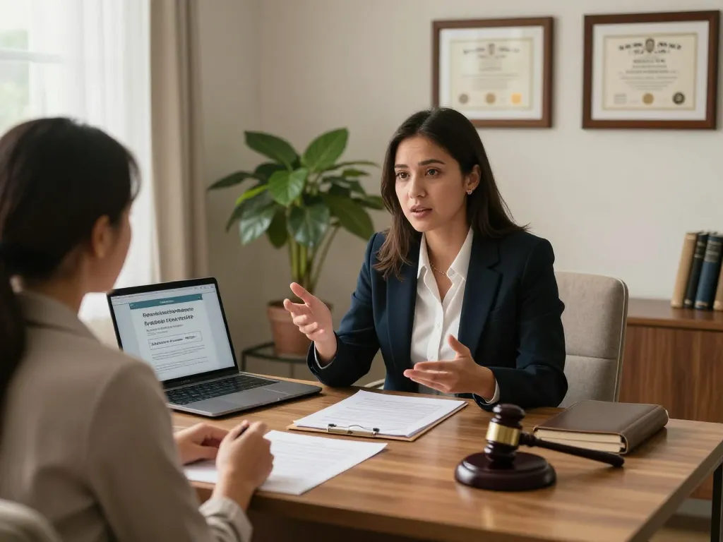 Palm Harbor Divorce Lawyer discussing legal options with a client in a warm office.